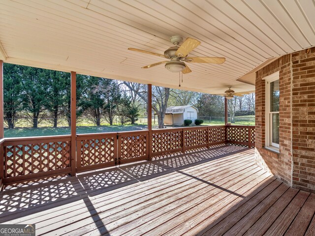 105 Overlook Dr, Mcdonough, GA 30252 - wooden terrace with a storage unit and ceiling fan