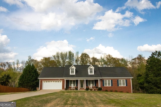 cape cod-style house with brick siding, a front lawn, concrete driveway, and a porch