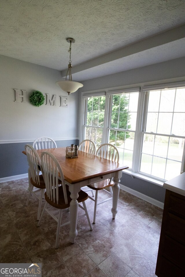 dining room featuring baseboards, a textured ceiling, and a healthy amount of sunlight