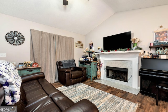 181 King St, Clermont, GA 30527 - living area featuring lofted ceiling, wood finished floors, and a high end fireplace