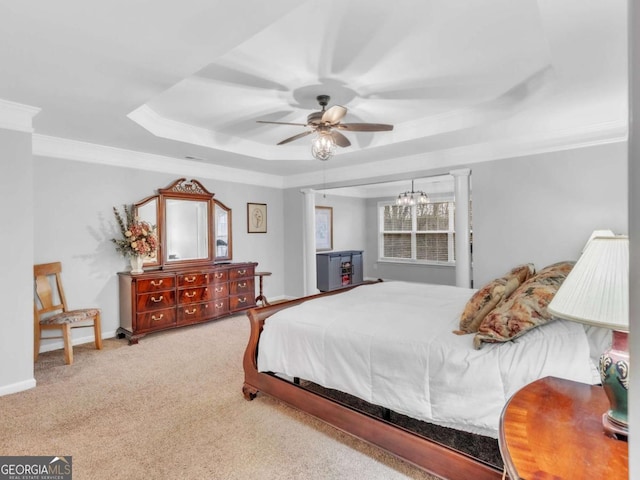 5454 Alanis Pl SE Unit 19, Mableton, GA 30126 - carpeted bedroom with a raised ceiling, crown molding, ceiling fan, and a chandelier