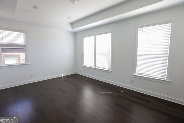 empty room featuring dark wood finished floors, baseboards, and a raised ceiling