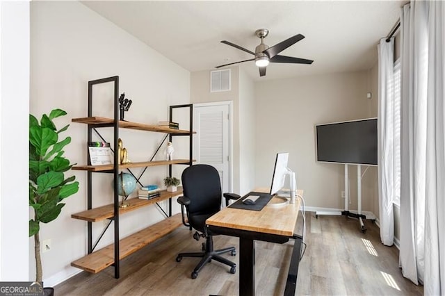 223 Riverstone Commons Cir, Canton, GA 30114 - office featuring baseboards, ceiling fan, visible vents, and wood finished floors