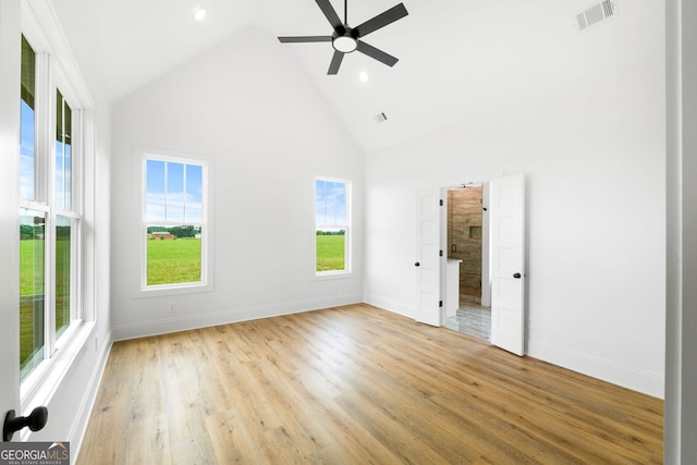 284 Community House Rd, Barnesville, GA 30204 - unfurnished bedroom with high vaulted ceiling, light wood-style floors, ensuite bathroom, recessed lighting, and ceiling fan