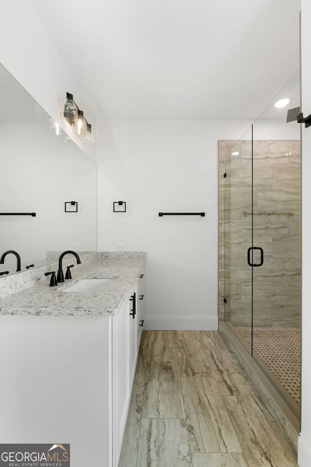 284 Community House Rd, Barnesville, GA 30204 - full bathroom with vanity, a shower stall, and marble finish flooring