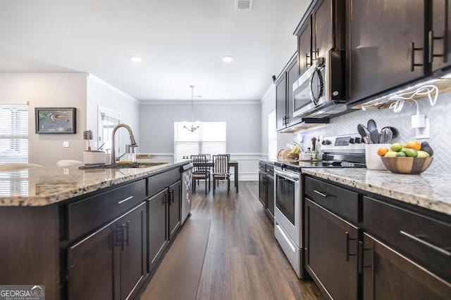kitchen featuring a sink, plenty of natural light, dark wood-style flooring, and stainless steel appliances