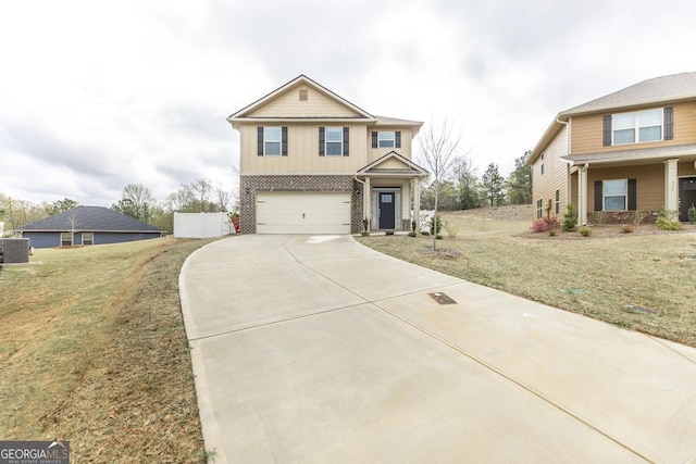 view of front facade featuring board and batten siding, a garage, a front yard, and driveway