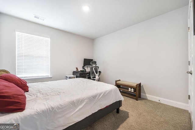 bedroom featuring recessed lighting, baseboards, visible vents, and carpet floors