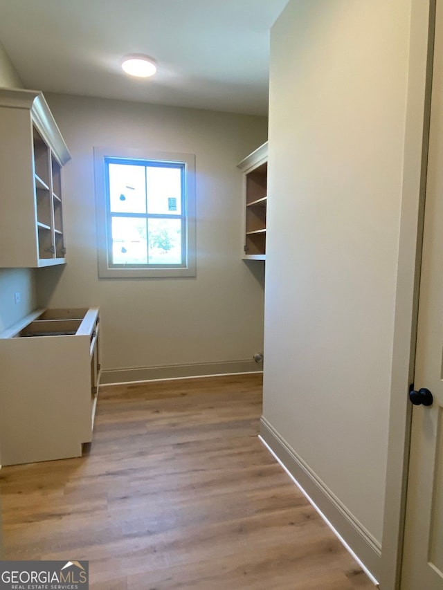 walk in closet with light wood-style flooring