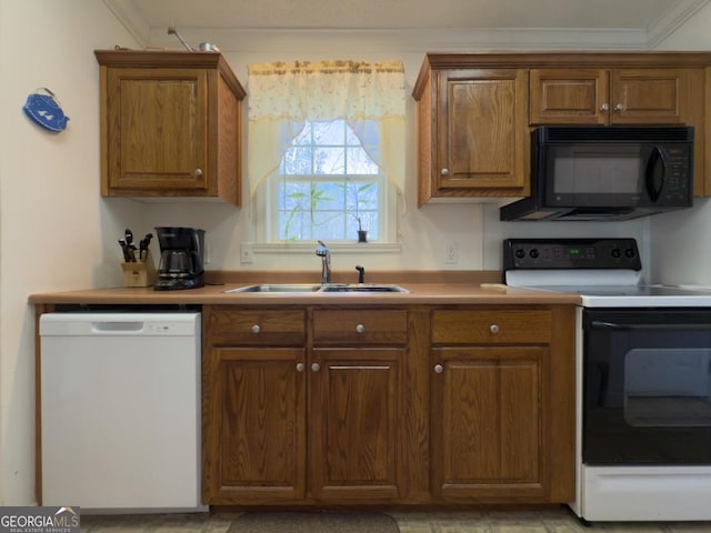 2188 Hi Roc Cir, Conyers, GA 30012 - kitchen with electric range, black microwave, brown cabinets, dishwasher, and a sink