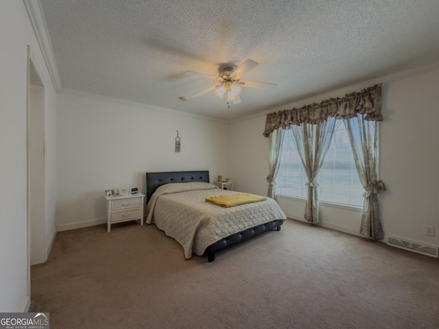 2188 Hi Roc Cir, Conyers, GA 30012 - bedroom with a ceiling fan, a textured ceiling, light colored carpet, crown molding, and visible vents
