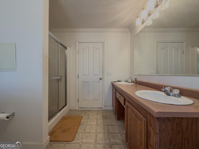 2188 Hi Roc Cir, Conyers, GA 30012 - bathroom featuring a sink, a textured ceiling, a stall shower, and double vanity