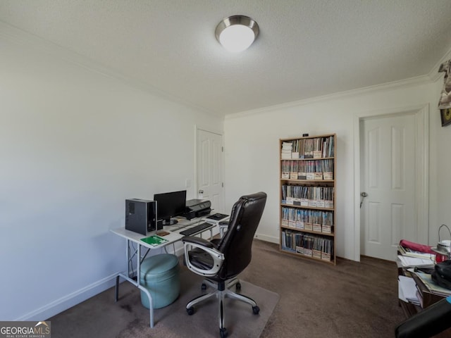 2188 Hi Roc Cir, Conyers, GA 30012 - carpeted home office featuring crown molding, a textured ceiling, and baseboards