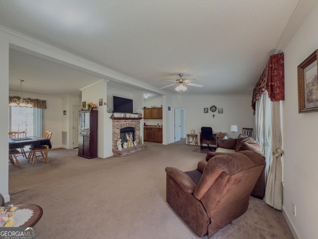 2188 Hi Roc Cir, Conyers, GA 30012 - living area with crown molding, ceiling fan with notable chandelier, and light carpet