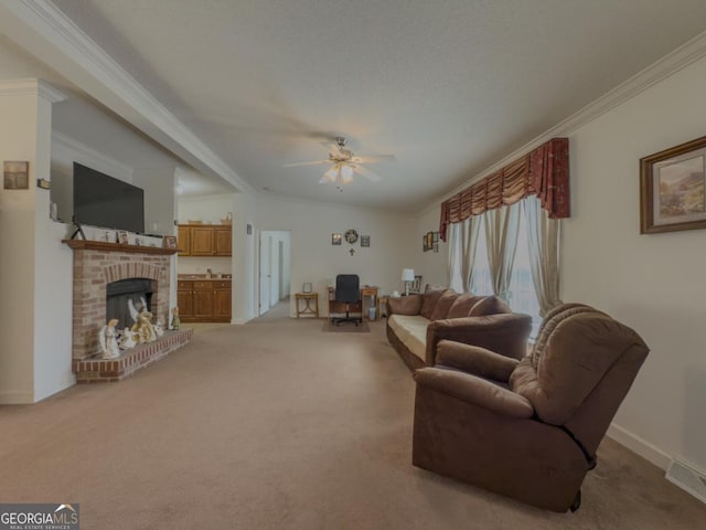 2188 Hi Roc Cir, Conyers, GA 30012 - living area featuring ceiling fan, visible vents, crown molding, a brick fireplace, and carpet