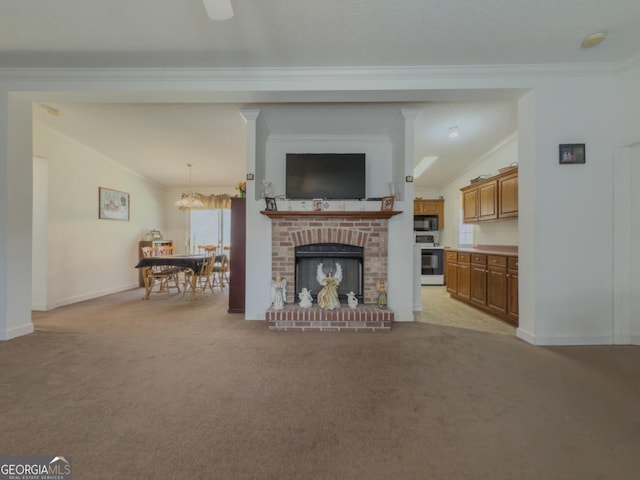 2188 Hi Roc Cir, Conyers, GA 30012 - living room with crown molding, baseboards, a brick fireplace, and light colored carpet