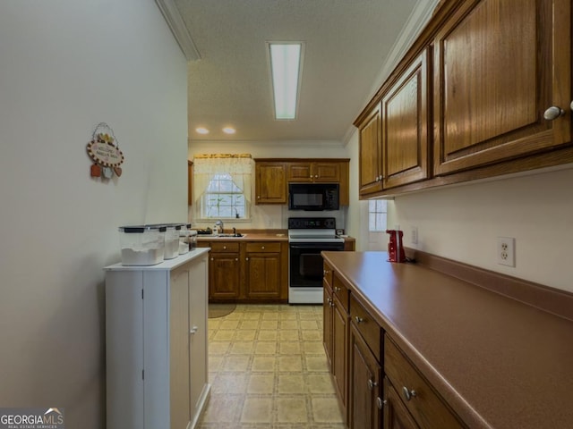 2188 Hi Roc Cir, Conyers, GA 30012 - kitchen with crown molding, black microwave, light floors, a sink, and range with electric cooktop
