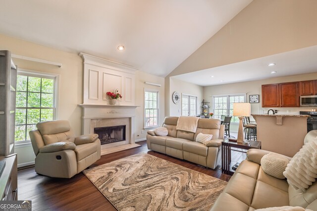 living area featuring recessed lighting, a fireplace, dark wood-style flooring, and a wealth of natural light
