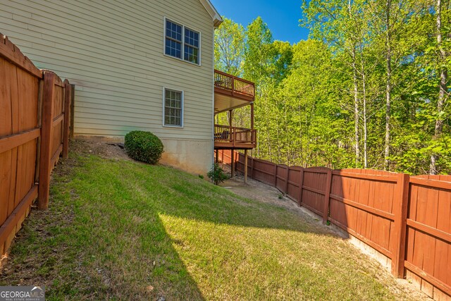 view of yard featuring a wooden deck and a fenced backyard