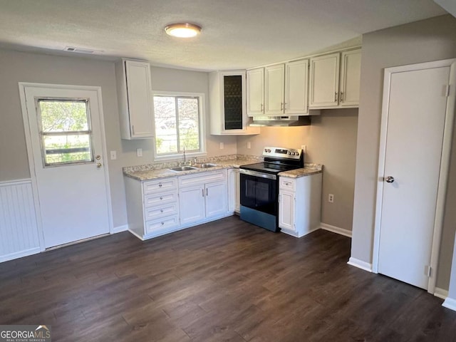 kitchen with white cabinets, dark wood finished floors, under cabinet range hood, a sink, and electric range