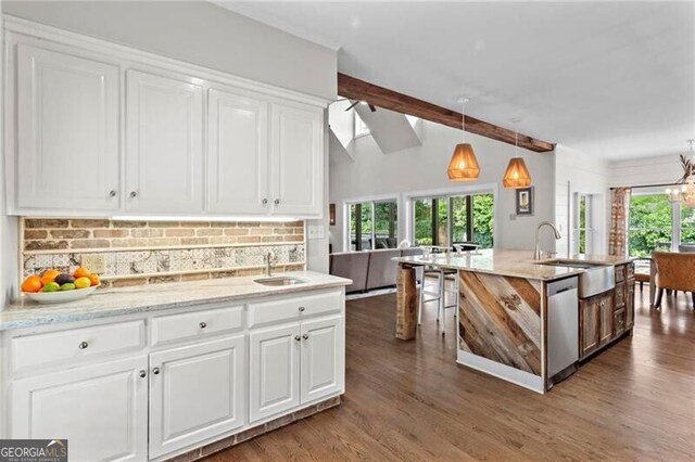 417 Lynne Cir, Alpharetta, GA 30009 - kitchen with tasteful backsplash, dishwasher, white cabinetry, and a sink