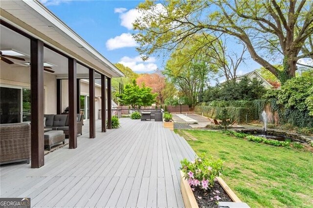417 Lynne Cir, Alpharetta, GA 30009 - wooden deck featuring a yard, a fenced backyard, ceiling fan, and an outdoor hangout area