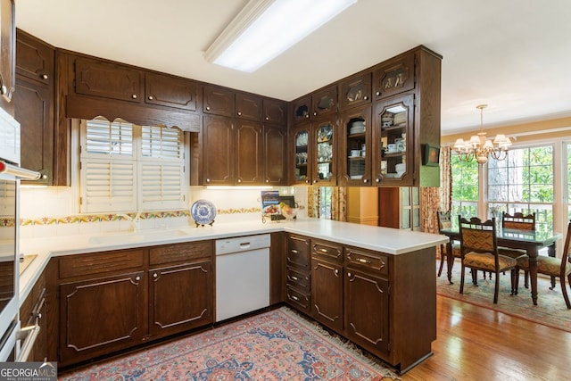 812 Burning Tree Ct SE, Marietta, GA 30067 - kitchen with white dishwasher, a sink, a chandelier, light wood-style floors, and dark brown cabinets