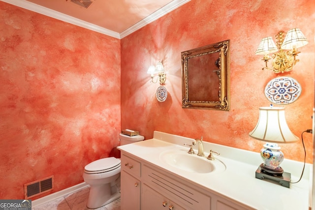 812 Burning Tree Ct SE, Marietta, GA 30067 - bathroom with toilet, vanity, ornamental molding, tile patterned flooring, and baseboards