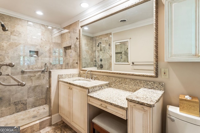 812 Burning Tree Ct SE, Marietta, GA 30067 - full bath with crown molding, a stall shower, toilet, vanity, and recessed lighting