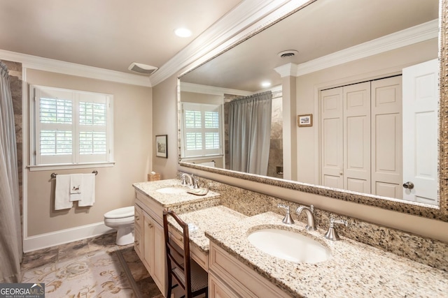 812 Burning Tree Ct SE, Marietta, GA 30067 - full bathroom featuring baseboards, toilet, double vanity, healthy amount of natural light, and crown molding