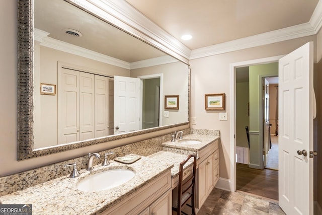 812 Burning Tree Ct SE, Marietta, GA 30067 - bathroom featuring double vanity, ornamental molding, and baseboards