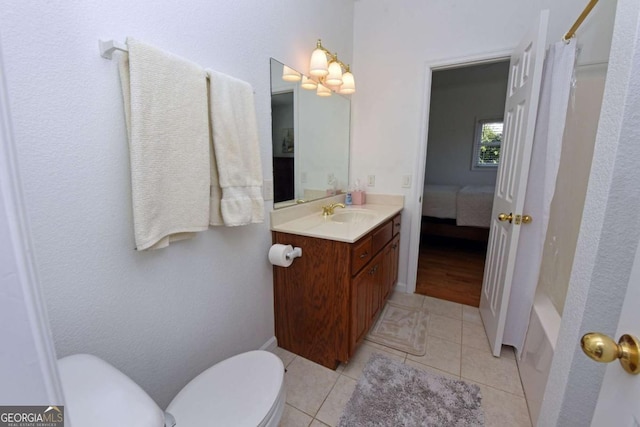 47 Hidden Fields Rd, Hiawassee, GA 30546 - bathroom featuring toilet, curtained shower, tile patterned flooring, and vanity