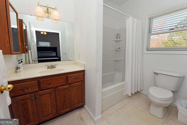 47 Hidden Fields Rd, Hiawassee, GA 30546 - bathroom with connected bathroom, vanity, toilet, tile patterned flooring, and shower / tub combo with curtain