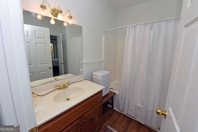 47 Hidden Fields Rd, Hiawassee, GA 30546 - bathroom featuring vanity, shower / bath combination with curtain, and wood finished floors