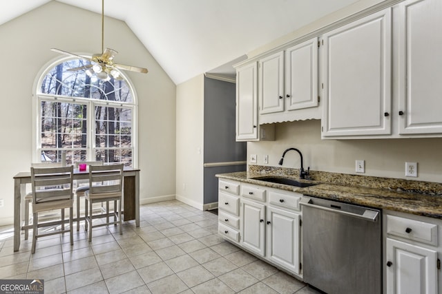 5163 Holly Springs Dr, Douglasville, GA 30135 - kitchen featuring white cabinetry, a sink, a ceiling fan, and dishwasher