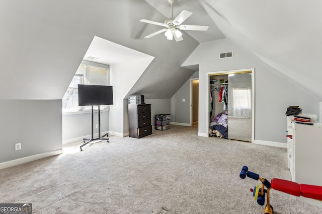 5163 Holly Springs Dr, Douglasville, GA 30135 - exercise area with baseboards, carpet flooring, visible vents, and a ceiling fan