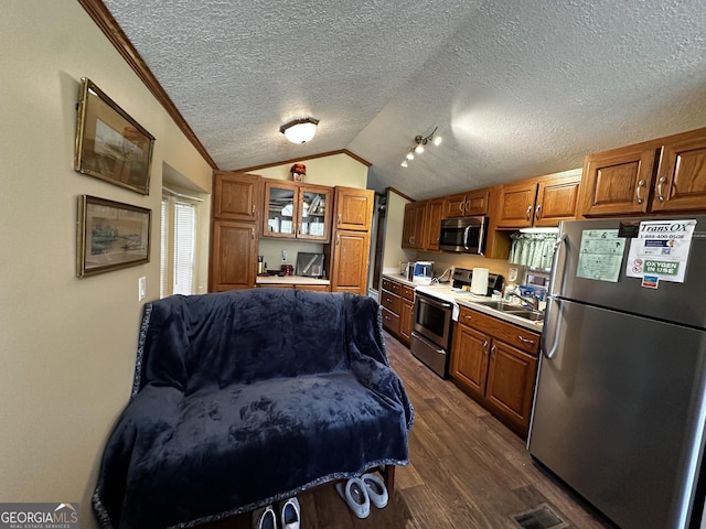 88 Fishtail Cir, Cleveland, GA 30528 - kitchen featuring stainless steel appliances, lofted ceiling, brown cabinetry, dark wood-style floors, and glass insert cabinets