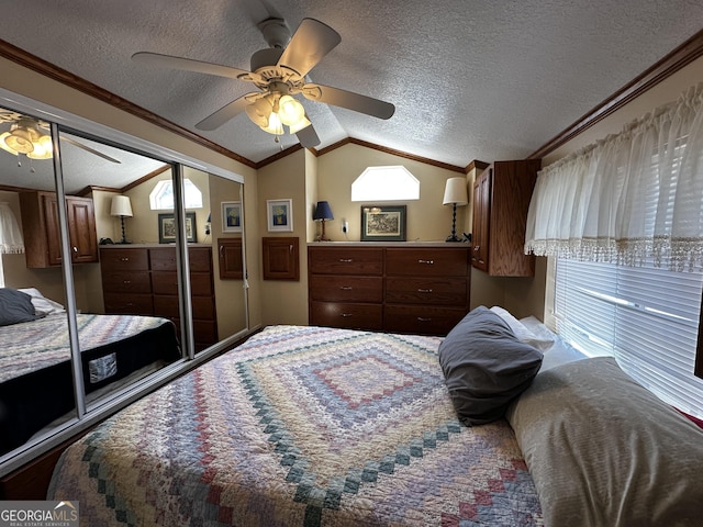 88 Fishtail Cir, Cleveland, GA 30528 - bedroom with a textured ceiling, vaulted ceiling, crown molding, and a ceiling fan
