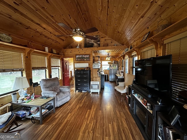 88 Fishtail Cir, Cleveland, GA 30528 - living area featuring a ceiling fan, vaulted ceiling, dark wood finished floors, wood walls, and wooden ceiling