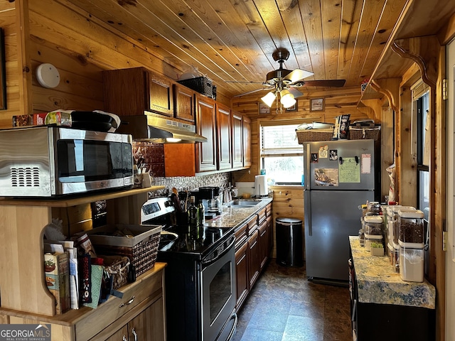 88 Fishtail Cir, Cleveland, GA 30528 - kitchen featuring appliances with stainless steel finishes, under cabinet range hood, ceiling fan, dark flooring, and wood ceiling