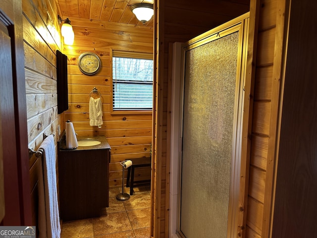 88 Fishtail Cir, Cleveland, GA 30528 - full bath with vanity, wood ceiling, wood walls, an enclosed shower, and tile patterned flooring