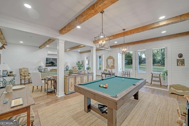 rec room featuring ornate columns, pool table, beamed ceiling, and light wood finished floors