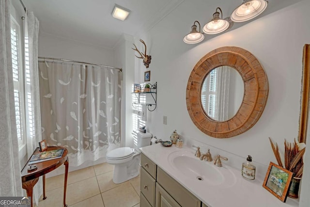 bathroom with toilet, vanity, curtained shower, tile patterned flooring, and ornamental molding
