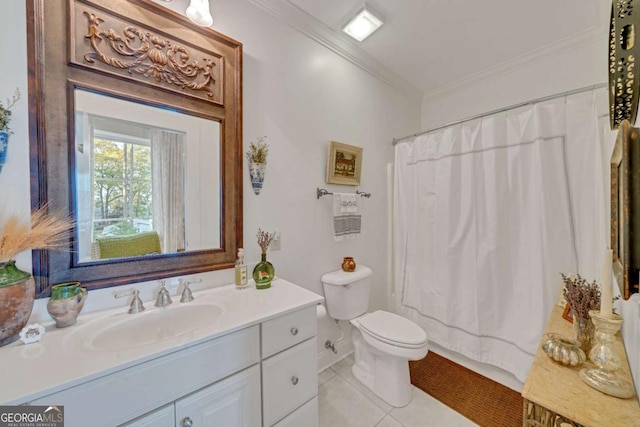 full bathroom with tile patterned floors, toilet, curtained shower, vanity, and ornamental molding