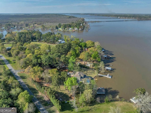 drone / aerial view featuring a water view and a forest view