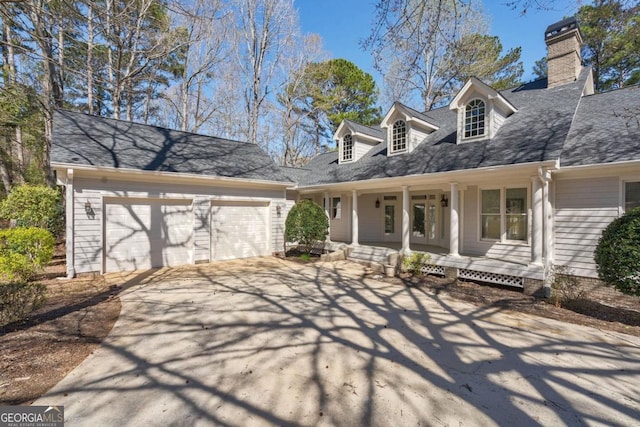 cape cod home featuring a chimney, a garage, roof with shingles, driveway, and a porch