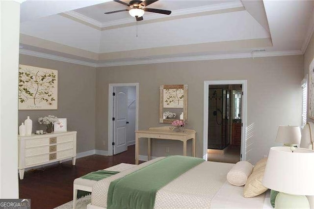 3124 Bentgrass Ln, Kennesaw, GA 30144 - bedroom with crown molding, a tray ceiling, wood finished floors, ensuite bath, and a ceiling fan