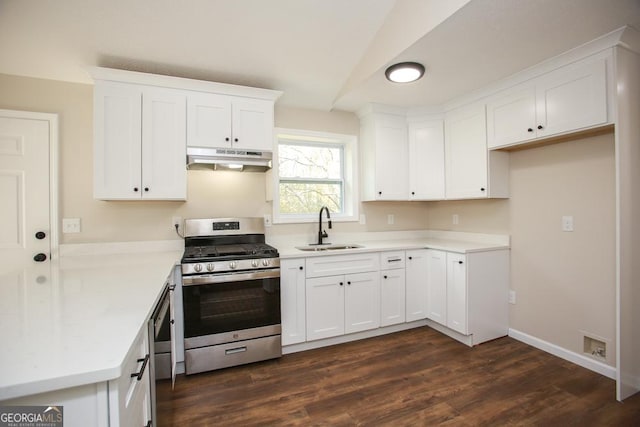 759 Oak Grove Rd, Carrollton, GA 30117 - kitchen with lofted ceiling, under cabinet range hood, a sink, dark wood-type flooring, and appliances with stainless steel finishes