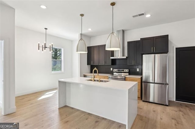 kitchen featuring light countertops, light wood finished floors, wall chimney exhaust hood, stainless steel appliances, and a sink
