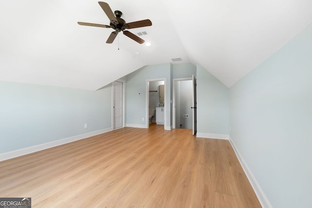 264 Community House Rd, Barnesville, GA 30204 - additional living space with a ceiling fan, light wood-type flooring, vaulted ceiling, and baseboards